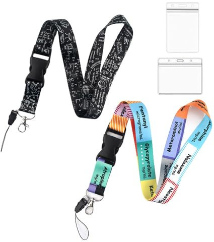 XIAONAN Lot de 2 cordons tour de cou avec porte-cartes, cordon tour de cou imprimé équation de nom médical et porte-badge transparent étanche pour clés, téléphone, carte d'identité, fournisseurs de