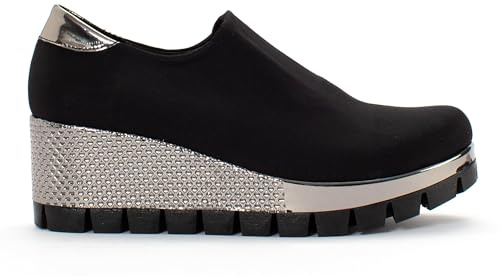 Damen Slip On Plateau Sneaker mit Keilabsatz – Bequeme und elegante Damenschuhe für Frühling & Sommer , leichte Freizeitschuhe mit Absatz , atmungsaktive Keilsneaker & Wedges , in Silber und Schwarz