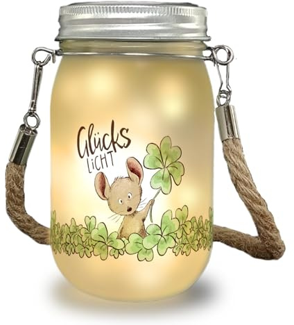 speecheese Maus Solarlicht mit Spruch Glückslicht ein niedliches Dekolicht als Glücksbringer Motiv Glückslicht Dekolampe Einmachglas Solar Glück Lampe Klee Zeichnung für Frauen Henkel im
