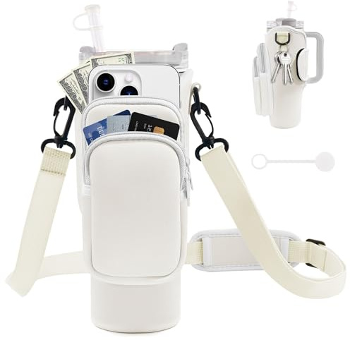 JEBEALUO Water Bottle Carrier Bag with Phone Pocket for Stanley Cup 40/30 oz, Water Bottle Holder with Adjustable Strap& Straw Cover, Stanley Cup Accessories (White)
