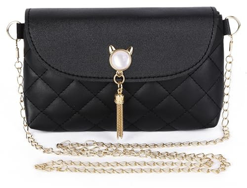 Fililogor Damen Umhängetasche Kleine Handtaschen PU-Leder Crossbody Bags mit Kette Messenger Umhängetaschen mit niedlichen Quasten in Katzenform Geldbörse für Mädchen und Damen (Schwarz)