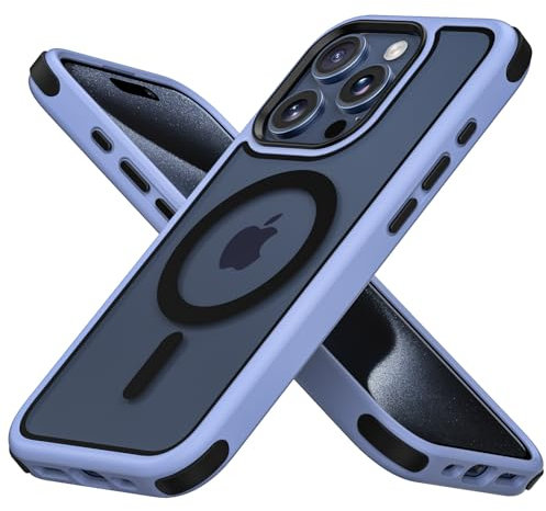 MobNano Hybrid Clear Magnetic iPhone 15 Pro Case, [Wireless Charging + MagSafe Support] Silicone Shockproof Bumper hard Transparent Outdoor Football Phone 15 Pro Cover - Light Blue/Black