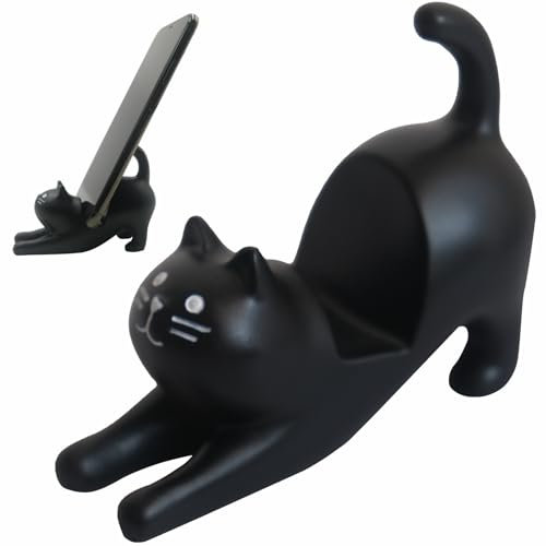 Cute Cell Phone Holder Stand for Desk, iPhone Mount for Office Tablet Accessories Gifts, Cool Desktop Decor Gadgets to Support Your Cellphone for Men Women Boys Girls - Kawaii Black Cat