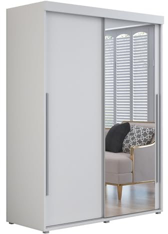 Meble Slupia - Garderobenschrank - Kleiderschrank mit Spiegel und Schiebetüren - 200x202x62cm - Kleider Schrank Schlafzimmer mit Kleiderstange - IGA 01 Weiß, Griff Silber