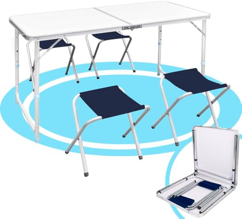 Dekohome Mesa Plegable Camping con Altura Regulable, Incluye 4 Taburetes Plegables, Set de Mesa Plegable Jardín con Sillas, Fácil de Transportar y Guardar