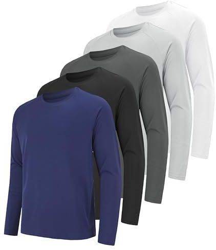 miijoory Long Sleeve T Shirts for Men Breathabal Quick Dry Performance Sports Gym Tops UV Sun Protection Tee Shirts for Workout Running 5 Pack (M,Black,Dark Grey,Navy,White,Light Gray)