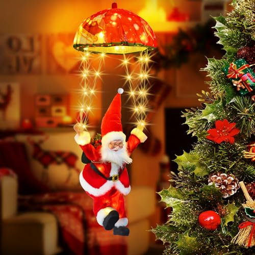 Bowfar Weihnachtsmann Fallschirm Lichterkette, 8 Modi 70LEDs Weihnachtsbeleuchtung Außen mit Santa, Timer, Fernbedienung, Warmweiß Lichterkette Außen Strom für Weihnachtsbaum Fenster Weihnachtsdeko