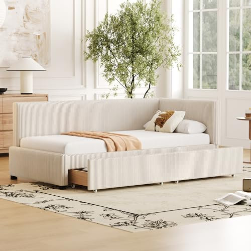 Dolamaní Schlafsofa Cord Beige 90 x 200 cm, Modernen Sofa mit Lattenrost und unterbett Stauraum Schubladen- mit Schlaffunktion -Cordstoff & Samtstoff