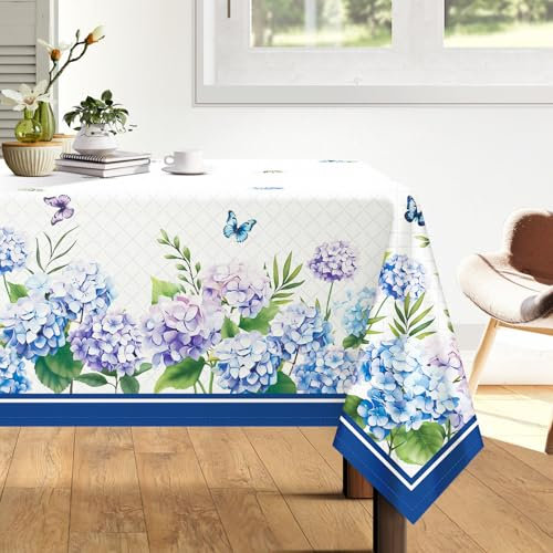 Arquiel Hydrangea Floral Tablecloth Waterproof, Blue Flower Butterfly Table Cloth Rectangle Stain Resistant, Washable Table Cover for Home Kitchen Dining Party Decoration (140x180cm)