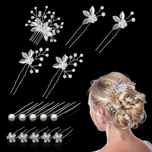 EOAMGO Haarschmuck Hochzeit, 15 Stück Haarschmuck Perlen und Blume Blatt Kopfschmuck, Braut Haarnadel mit Strasssteinen, Brautschmuck Haare Für Bräute und Brautjungfern Geeignet (haarspange silber)