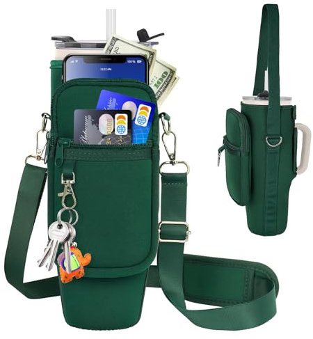 Water Bottle Carrier Bag with Phone Pocket Compatible with Stanley/Meoky 40 oz Tumbler with Handle,Water Bottle Holder Pouch with Adjustable Strap Compatible with Stanley Cup Accessories,Green