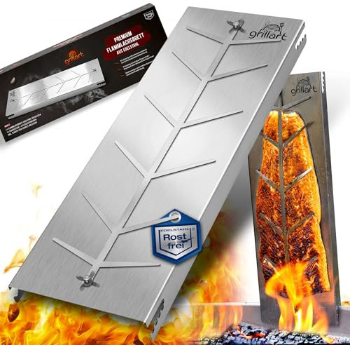 grillart® XXL Premium Flammlachsbrett aus Edelstahl – 180° drehbar & 5-fach verstellbar – Lachsbrett für Grill & Feuerstelle – Robustes Grillzubehör - 55cm lang und 18cm breit