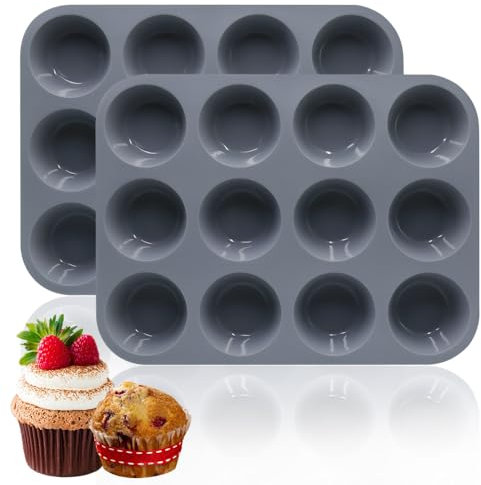 GYSRXS Lot de 2 grands moules à muffins en silicone anti-adhésif pour muffins, cupcakes, brownies, pudding, 29 x 12 x 3 cm (gris)