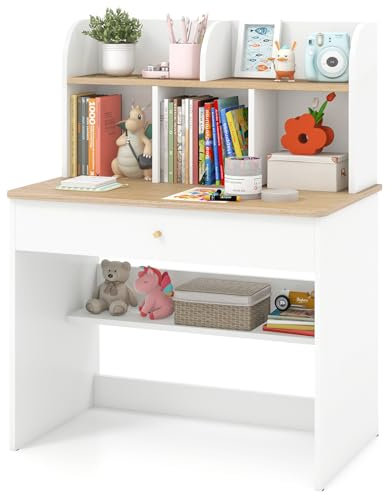 DREAMADE Schreibtisch Kinder mit Schublade & offener Ablagefächer & Regal, Jugendschreibtisch Schülerschreibtisch aus Holz, Kinderschreibtisch für Kinder ab 3 Jahren, Weiß