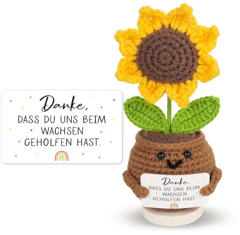 BETESSIN Abschiedsgeschenk Erzieherin - Pocket Hug Sonnenblume aus Strickwolle - Positive Kartoffel mit Dankesworten - Kreative Glücksbringer Geschenke für Lehrerin & Erzieherin zum Kita Abschied