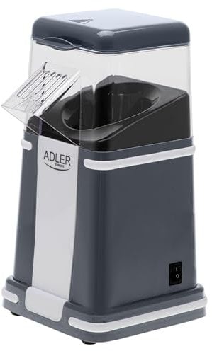 Adler AD 4511 Elektrische Popcornmaschine, 1200 W, ölfreies Verfahren, Heißluft, kompakt, modernes Design in Grau und Schwarz, mit transparentem Behälter