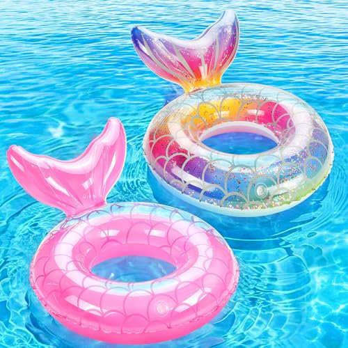 MoKo Anillo de Natación para Niño, Flotador de Natación Inflable Portátil con Diseño de Cola de Sirena para Playa Piscina Parque Acuático Fiesta, Diámetro 58 cm, Arco Iris + Rosa