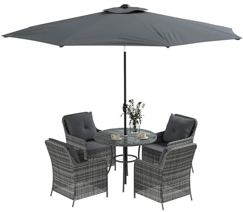Outsunny 4 Seater Rattan Dining Set with Parasol, Luxury Rattan Garden Furniture Set with Seat and Back Cushions, Outdoor Table and Chairs, Round Glass Top Table, Mixed Grey