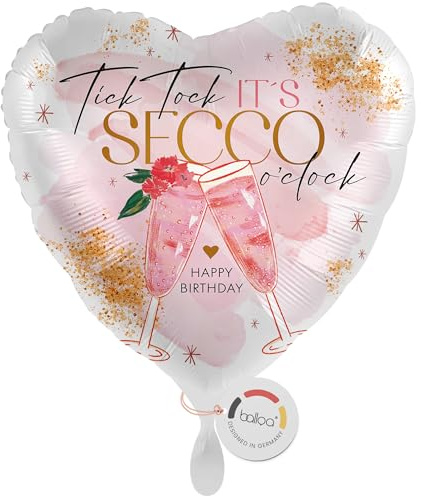 balloa Herzballon Secco oclock Happy Birthday, XXL Folienballon, 53 cm | Secco oclock Schriftzug in Pink-Gold, Herzform, XXL, heliumgeeignet, ungefüllt, originelle Geburtstagsdeko für Erwachsene