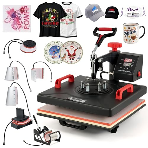 CREWORKS Heißpresse 38x38cm Transferpresse 8-IN-1 Wärmepressmaschine 1400W Hitzepresse 360 Grad Schwenkbar Tassenpresse und Kappenpresse, Tassen-, Hut-, Kappen- und T-Shirt-Druckmaschine für zu Hause