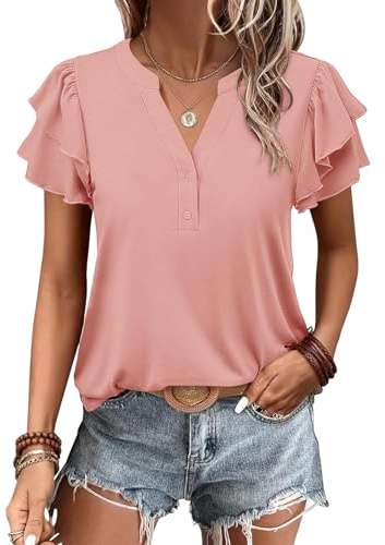 Cuptacc Tee Shirt Femme Col en V Elegant Top Été à Manches Courtes | Avec Boutons,Manches À Volants,Décontract,Couleur Unie,Coupe Classique,Confortable,Voyage,Basique