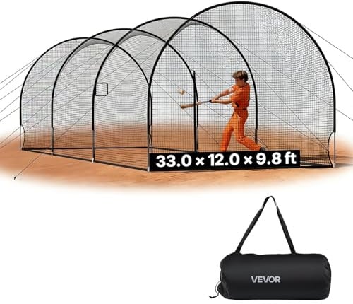 VEVOR Baseball Batting Cage, 33.0 x 12.0 x 9.8 FT Fiberglass Portable Batting Cage, Hitting Cages with 4-Ply Knotless Polyester & Pitching Machine Opening, Battings Cages Netting for Indoor Outdoor