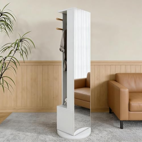 PerGar Armoire à bijoux avec miroir, rotative à 360° avec lumières LED, miroir sur pied, miroir à bijoux avec tiroir, porte-vêtements et crochets, pour bijoux, 45 x 160 cm, blanc