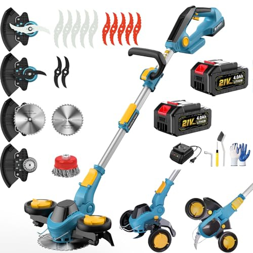 Akku Rasentrimmer für Makita-Akkus, 3 in 1 Elektrischer Freischneider, Bürstenloser Rasentrimmer Mit 2 x 4.0Ah Akku & 4 Klingentypen, Akku Motorsense/Rasenkantenschneide mit Unkrautbürste