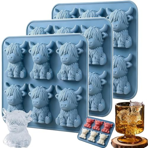 Mini-Hochlandkuh-Eiswürfelform, 3D Highland Kuh EiswürfelbehäLter aus Silikon, Eiswürfelformen für Cocktail, Whiskey, Babynahrung, Schokolade, wiederverwendbar, Ostern Geschenke (3 Stück)