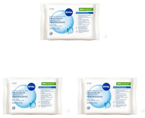 NIVEA - Lingettes Démaquillantes Fraîcheur - Efficacité Waterproof - Visage, Yeux, Lèvres - Aloe Vera & Acide Hyaluronique - Tissu en Fibre d'Origine 100% Naturelle - Peaux Normales à Mixtes - x 25