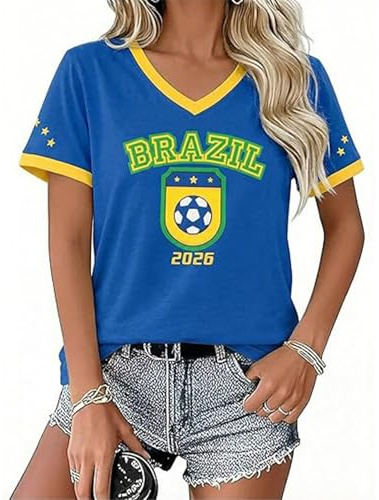 Maglia da Calcio Mondiale 2026 T Shirt Donna Manica Corta Scollo a V Bandiera Stampato Tessuto Traspirante Leggero Casual Sport Top per Fan Supporter, blu, M