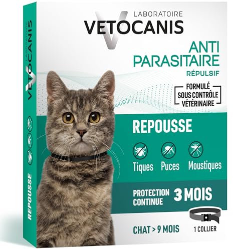 Vetocanis | Collier chat anti-puces et anti-tiques | Traitement et Protection Antiparasitaire Chat | Efficace 3 Mois | Pour Chat de + de 9 Mois | Résiste à l'Eau | Formulé sous contrôle Vétérinaire