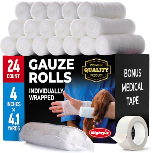 Bendaggio conformante Premium - 24pz (10 cm x 3,7 m) - Rotoli di garza confezionati singolarmente con nastro medico - Bende morbide e traspiranti per kit di pronto soccorso per ferite