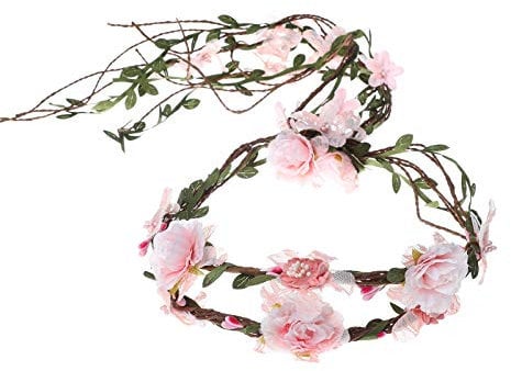 AWAYTR Boho Braut Blume Girlande Stirnband - Frauen Mädchen Einstellbare Baum Rattan Blatt Floral Haar Kranz Hochzeit Fotografie Dekoration, Pink - Spitze, Einheitsgröße