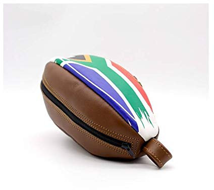 ALL SPORT VINTAGE - Trousse De Toilette Ballon de Rugby - Marron Vintage Et Drapeau Sud Africain - Cuir De Vachette - Cousu Main - Marque Française