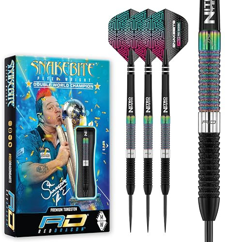 RED DRAGON Peter Wright Snakebite World Champion Diamond Fusion SE 22 Gram Professionelles Dart-Set mit Flights and Shafts (Stems)