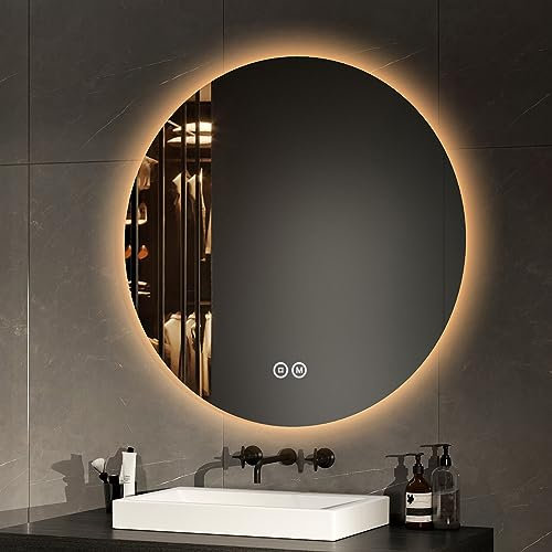 EMKE Badspiegel mit Beleuchtung Rund 80cm Badezimmerspiegel mit 3 Lichtfarbe dimmbar, Touch, Speicherfunktion Energiesparend Badezimmerspiegel Wandspiegel rund