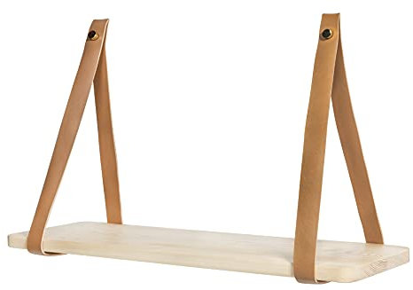 QUVIO Wandregal mit Lederriemen - Wandregal - Wandregal Holz - Wandregal schwebend - Wandregale - 16 x 50 cm
