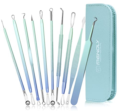 Blackhead Remover Tools MENOLY 10Pcs Pimple Popper Tool Kit, Blackhead Remover Extractor Tools, Anti-Slip Handle Pimple Comedone Extractor Acne Kit for Blackhead,Blemish,Zit Whitehead