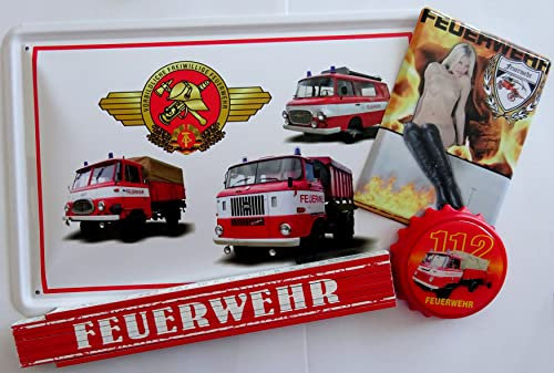 vielesguenstig-2013 Geschenk Set Feuerwehr 4tlg. DDR W50 Robur Barkas B1000 Blechschild Zollstock Flaschenöffner Mini-Blechschild
