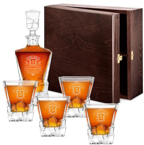 Maverton 950 ml Whiskey Karaffe + 2/4 / 6er Whiskygläser Set mit Gravur - Whisky Dekanter - luxuriöses Design - Weihnachtsgeschenke - Kristallglas - für Männer zum Geburtstag - Wappen