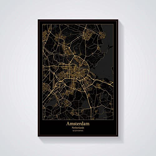 Canvas Print Wall Art Picture,Amsterdam Netherlands City Map Wall Art Posters Modern Large Prints Pictures Black Gold City Rectangle Paintings Pop Murals Artwork For Home Decor,30X40Cm/11.81X15.74 In