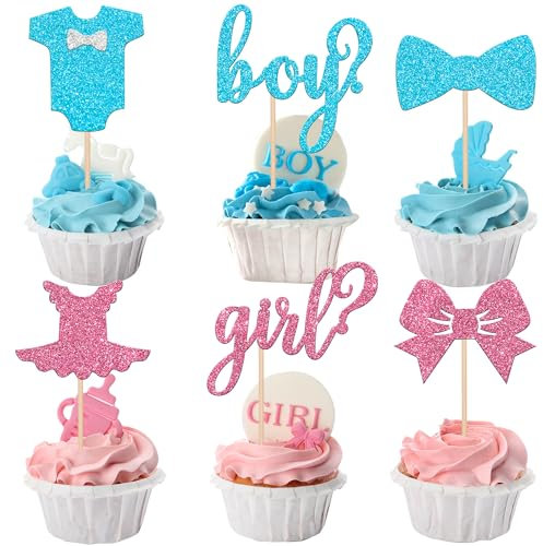 SYKYCTCY 24 Pack Boy or Girl Cupcake Toppers Pink and Blue Glitter Baby Shower Cupcake Picks Bow Tie Onesie Jumpsuit Cake Decorations for Gender Reveal Theme Baby Shower Kids Birthday Party Supplies
