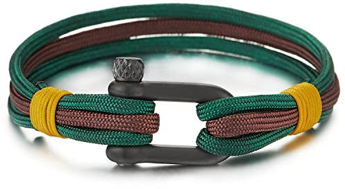 COOLSTEELANDBEYOND Bracelet Vis Manilles d'ancrage - Homme Femme - émeraude Vert Brun et Jaune Cordon - Nautique Marin Envelopper Bracelet