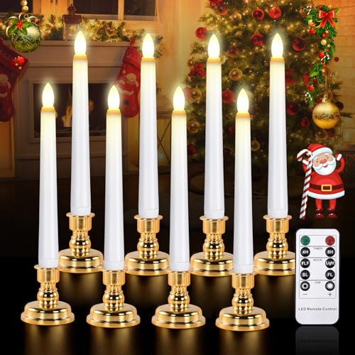 cimetech LED Flameless Candles, Taper Candle Lights, Waterproof Battery Operated Candle with IR Remote Control, Realistic 3D Wick and Gold Base, for Home, Churches, Wedding, Table, Party (8 Packs)