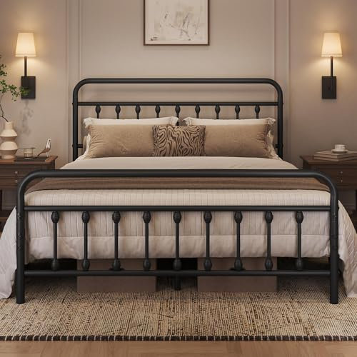 costoffs Metal Bed Frame 5ft King Vintage Iron Platform Bed with High Headboard and Footboard, Black