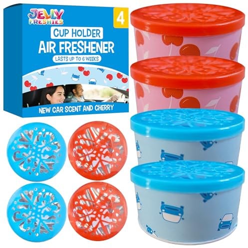 SOL 4pk Cup Holder Air Freshener, New Car Scent and Juicy Cherry Fragrance, Long-Lasting Airfreshener for Men or Women, Up to 6 Weeks Freshness, Compact Airfreshner to Remove Bad Smells Effortlessly
