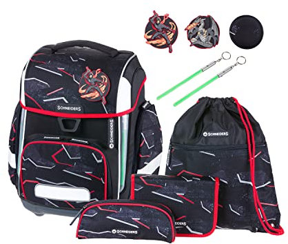 Schneiders 78395-080 - Schulranzen Ergolite Dragon Hero, 9-teiliges Set mit Schultasche, Federmäppchen, Schlamper, Sportbeutel, 3 Klett-Motiven und 2 Leuchtstäben