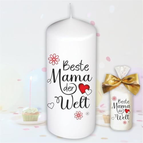 Stumpenkerze Kerze - Beste Mama der Welt - Für Dich | bunte moderne Motive Farben auf Tattoofolie für Kerzen | mit Geschenkfolie und goldener Schleife | Geburtstagkerze in Geschenkverpackung