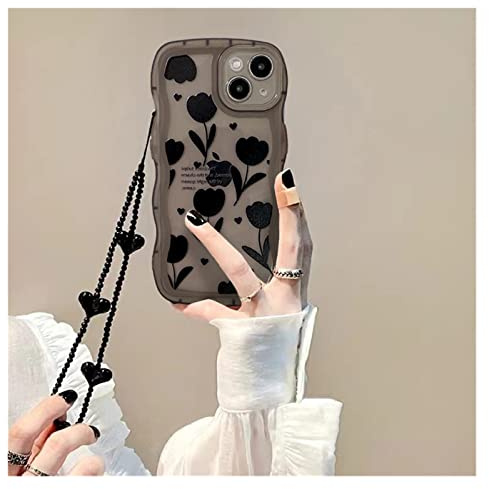Koreanisch Schwarz Tulpe Blume Liebe Herz Telefon Ketten Weiches Gehäuse für iPhone 12 11 14 Pro XR X XS Max 7 8 Plus Wavy Border Back Cover (Color : 1, Size : for iPhone 11)